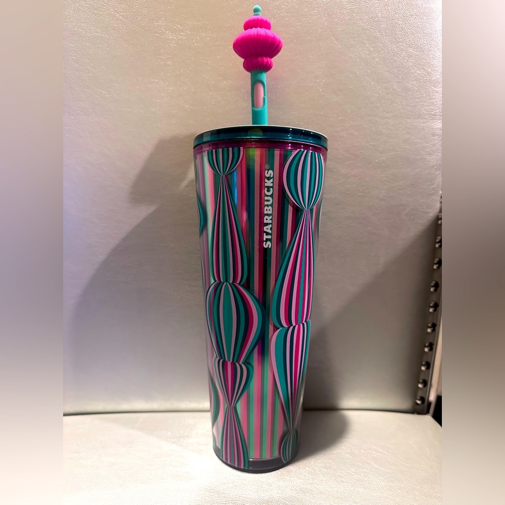 Starbucks 2024 Holiday Pink & Green Metallic w/ Straw Topper 24 Oz Cold Cup
